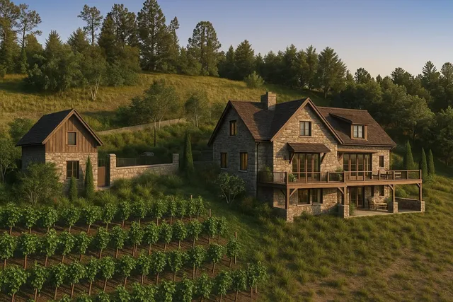 a front view of a house with yard and green space