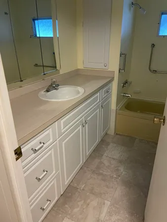 a bathroom with a sink vanity and a mirror