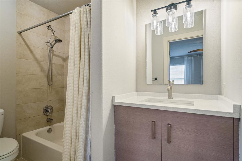 1101 Grove Boulevard, Unit 203 Austin, TX 78741 - Photo 17 of 27 a bathroom with a sink a toilet and shower