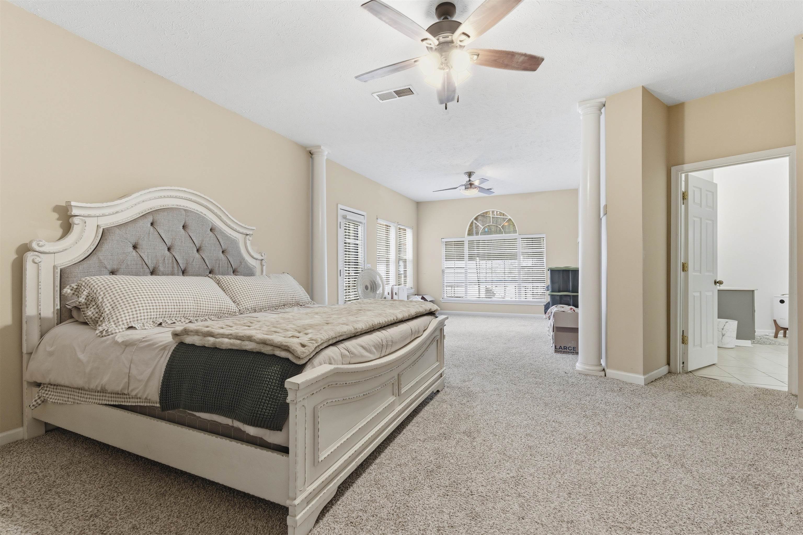 915 Cliffview Road Bolivar, TN 38008 - Photo 17 of 35 Bedroom featuring ornate columns, light colored carpet, and a ceiling fan