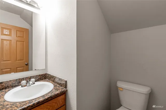 a bathroom with a toilet a sink and mirror