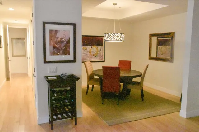 a view of a dining room with furniture