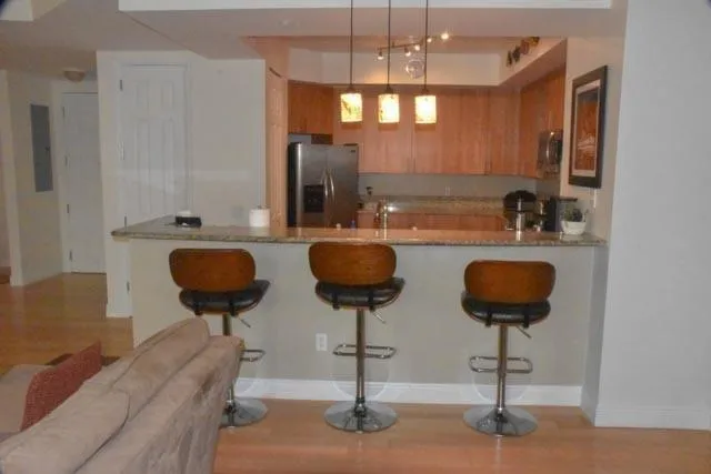 a view of a dining room with furniture