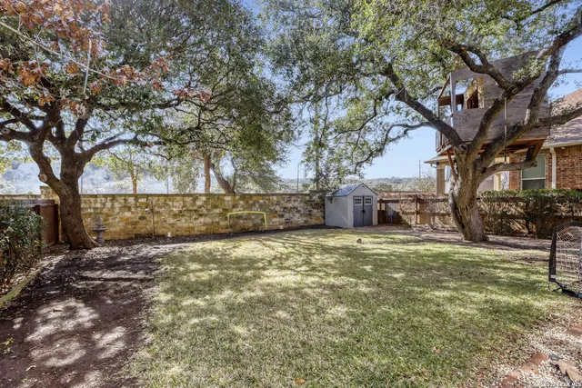a backyard of a house with a large tree