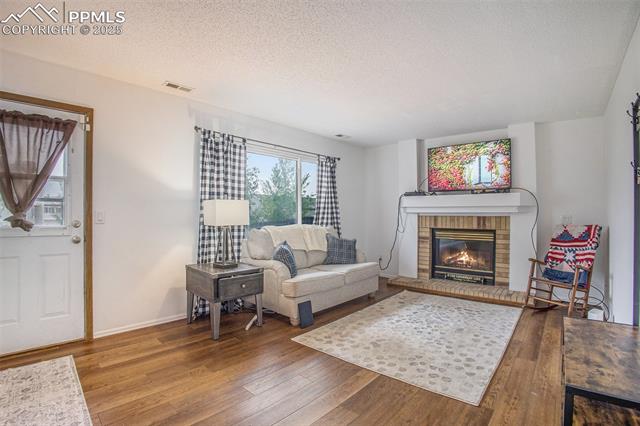 5085 Victory Road Colorado Springs, CO 80911 - Photo 5 of 18 Spacious living room featuring a cozy gas fireplace and walk -out access