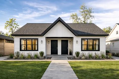 a front view of a house with a garden and yard