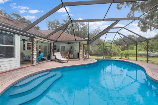 a view of a yard with large trees and plants