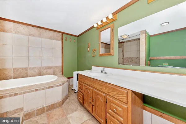 a bathroom with a bathtub and shower