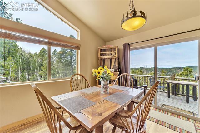 1055 Timber Ridge Road Divide, CO 80814 - Photo 8 of 47 Dining space with lofted ceiling and light wood finished floors