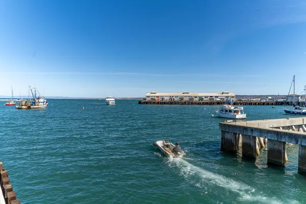 a view of a lake with table and chairs