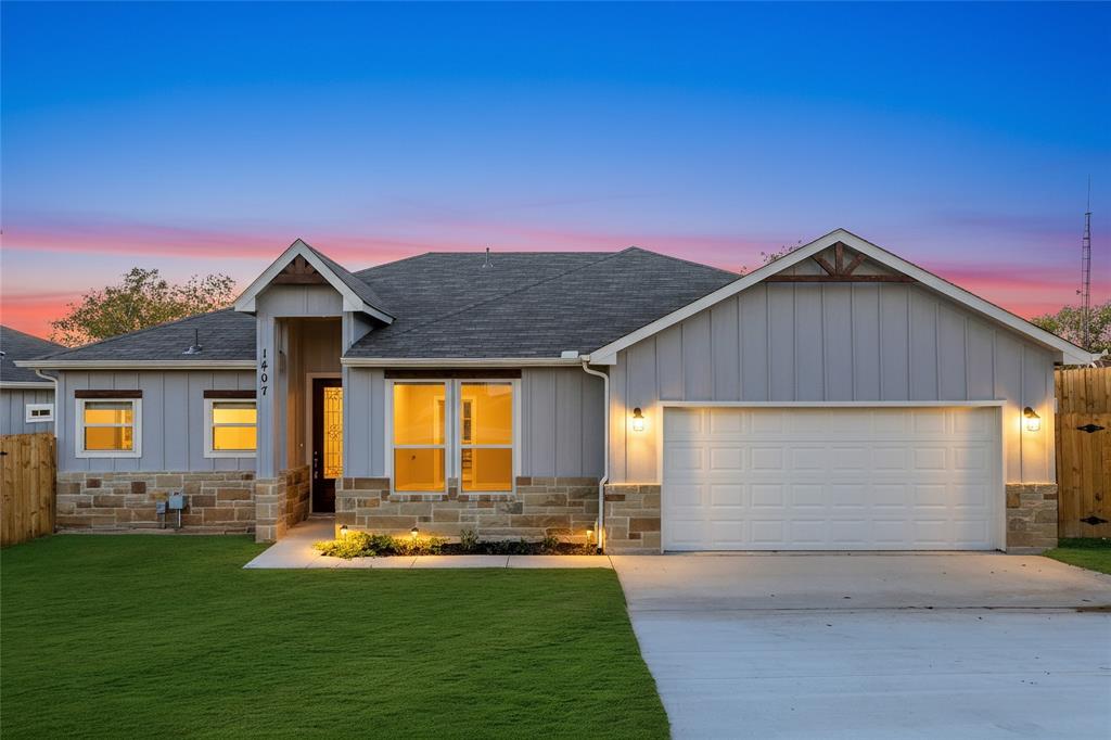 1407 North Rusk Street Weatherford, TX 76086 - Photo 1 of 1 View of front of home with board and batten siding, stone siding, roof with shingles, and driveway