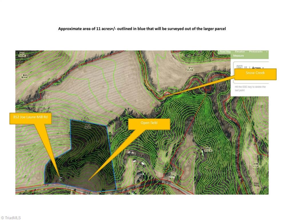 852 Joe Layne Mill Road Elkin, NC 28621 - Photo 22 of 22 Approximate area of 11+/1 acres outlined in blue that will be surveyed out of larger parcel No. 497300640875