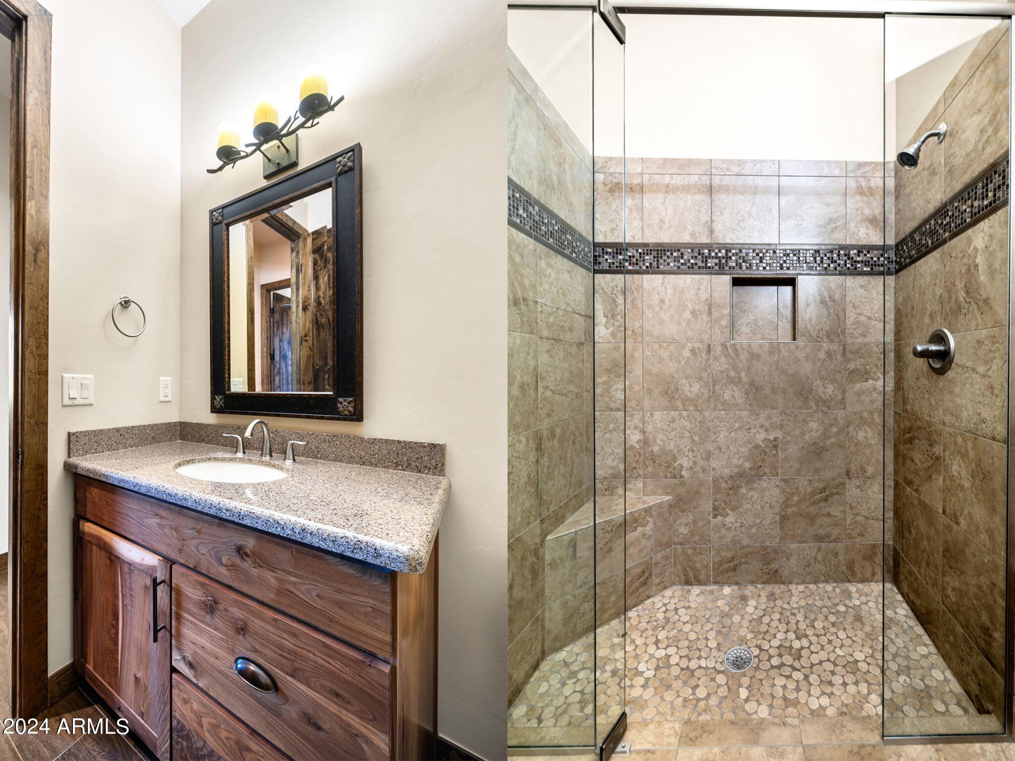 1398 Ridgewood Drive Prescott, AZ 86305 - Photo 22 of 34 a bathroom with a granite countertop sink mirror and shower