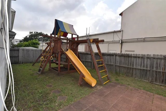 a view of a deck with a slide
