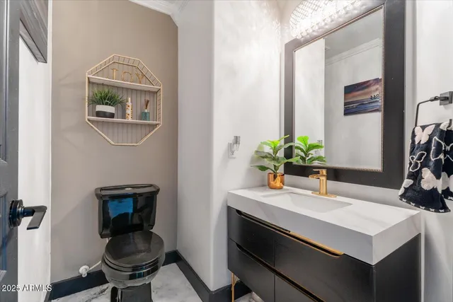 a bathroom with a sink a potted plant and a window
