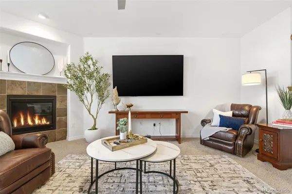 a living room with furniture a fireplace and a flat screen tv