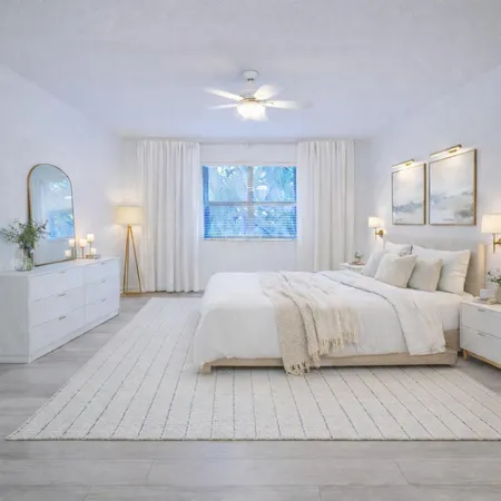 a spacious bedroom with a bed and a large window