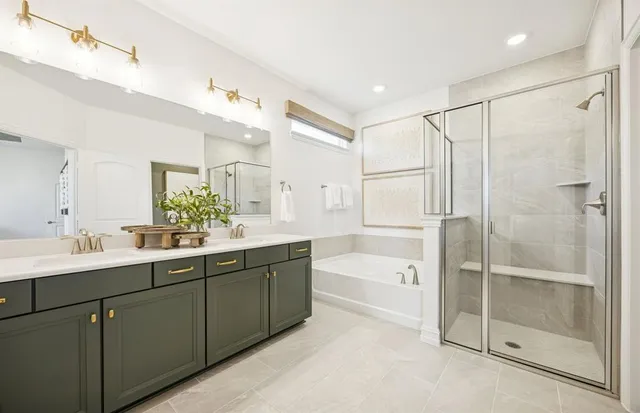 a bathroom with a bathtub a shower a sink and a mirror