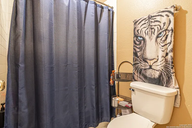 a white toilet sitting next to a shower curtain