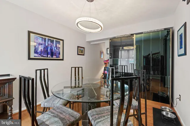 a view of a dining room with furniture