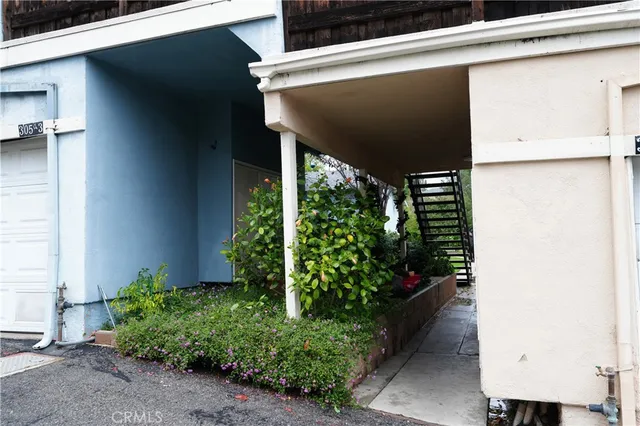 a couple of potted plants in front of door