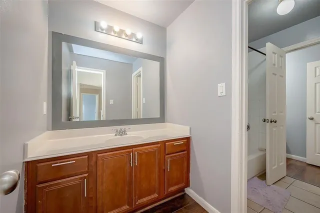 a bathroom with a bathtub