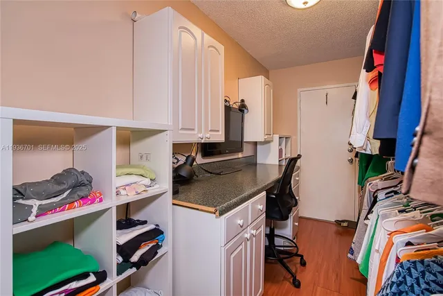 a room with furniture a rug and a closet