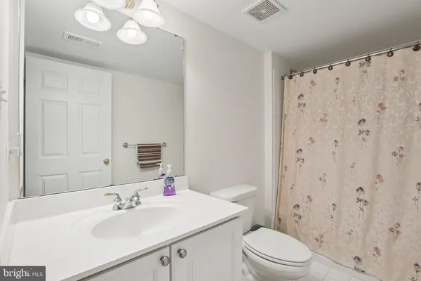 a bathroom with a sink a toilet and shower curtain