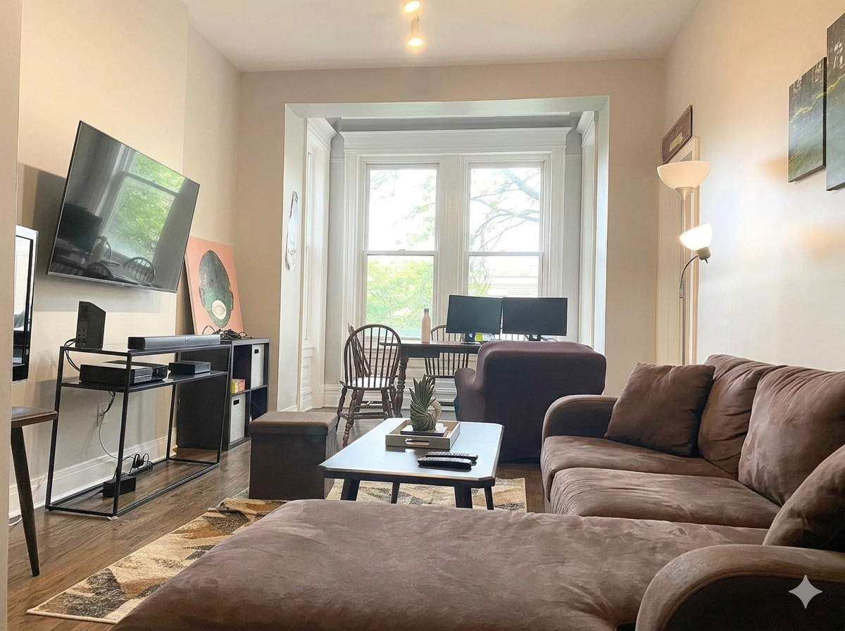 2129 North Racine Avenue, Unit 2 Chicago, IL 60614 - Photo 3 of 11 a living room with furniture wooden floor and a flat screen tv