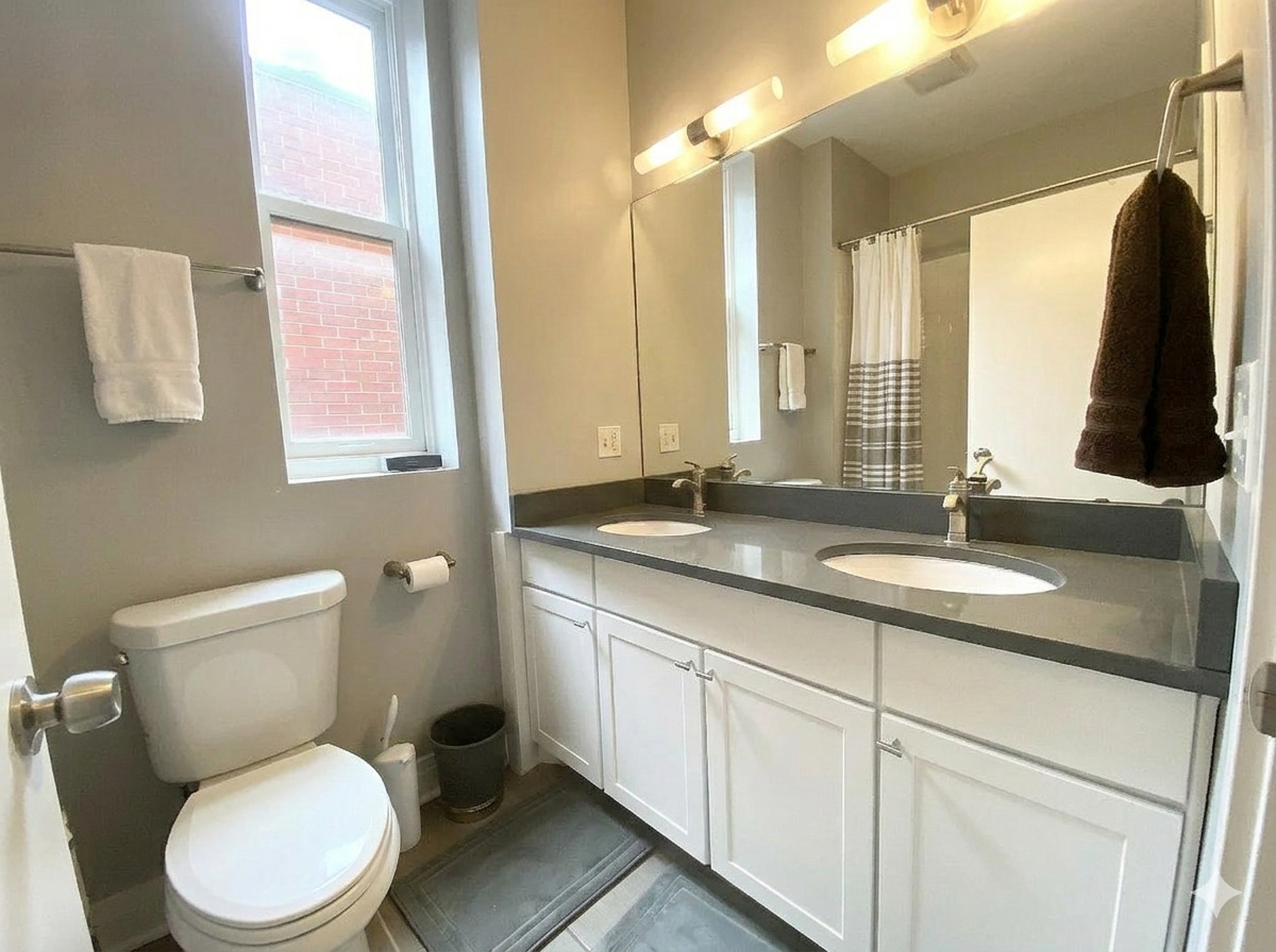2129 North Racine Avenue, Unit 2 Chicago, IL 60614 - Photo 10 of 11 a bathroom with a granite countertop toilet sink and mirror