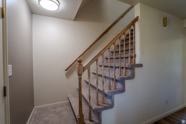 11957 Noelle Road Sandy, UT 84092 - Photo 29 of 38 Staircase featuring wood railings and light grey carpeting