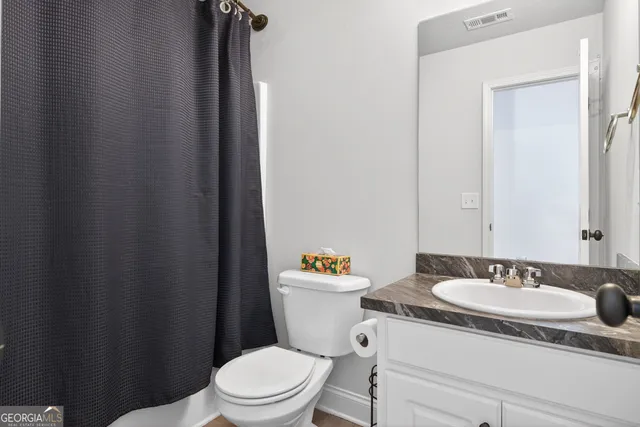 a bathroom with a sink a toilet a mirror and shower curtain