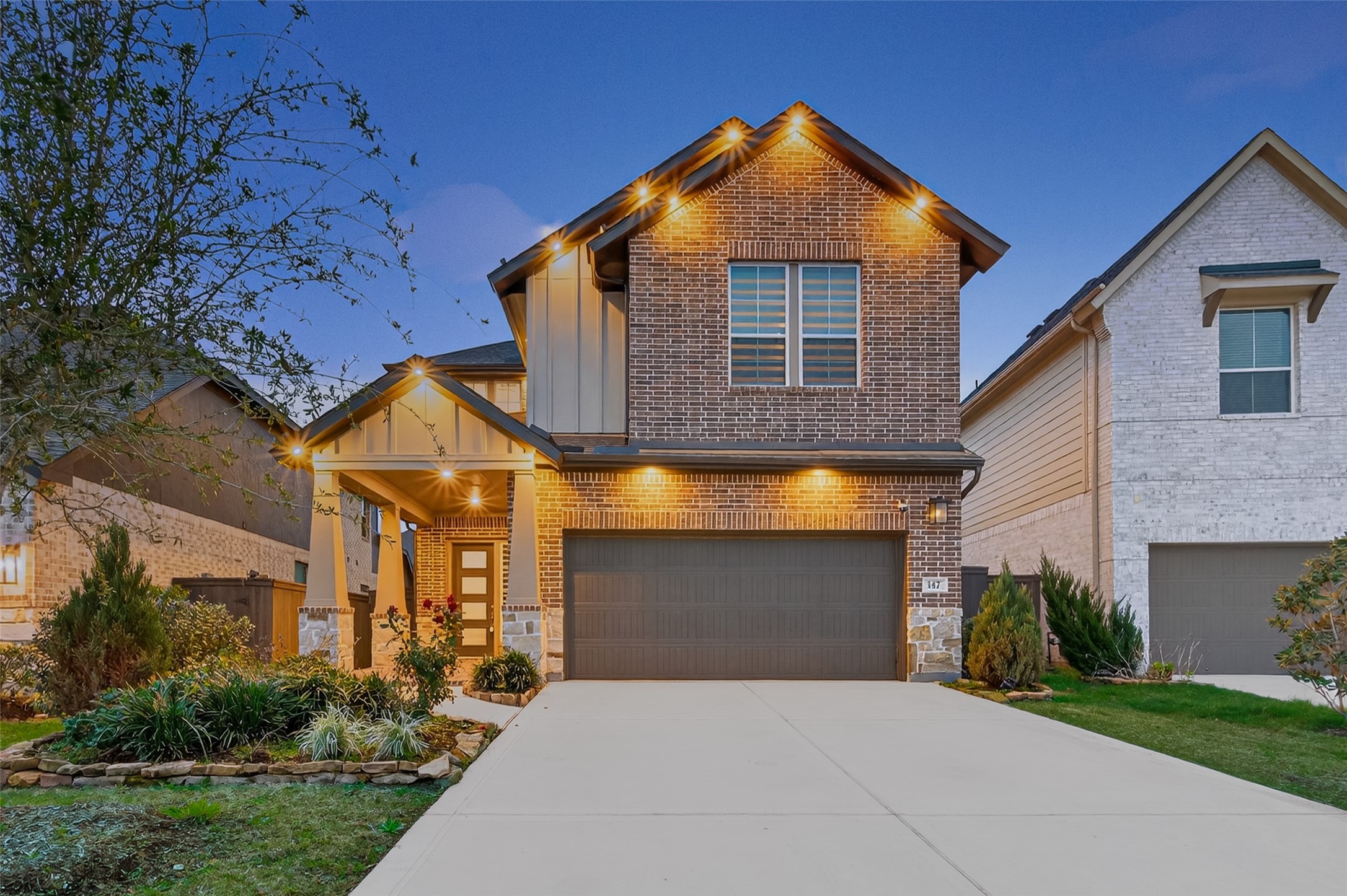 147 Nightshade Street Richmond, TX 77406 - Photo 1 of 47 Stunning brick and stone elevation home featuring a grand entry with upgraded 8-ft wood and glass front door, ideally located in the heart of the sought-after Harvest Green community. This beautifully designed residence offers 4 bedrooms and 3 full bathrooms with upscale finishes throughout.
