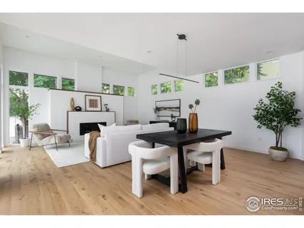 a living room with furniture a dining table and a potted plant