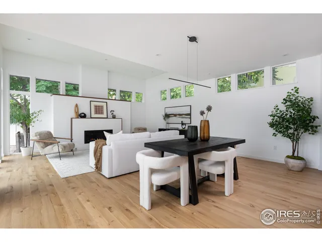 a living room with furniture a dining table and a potted plant