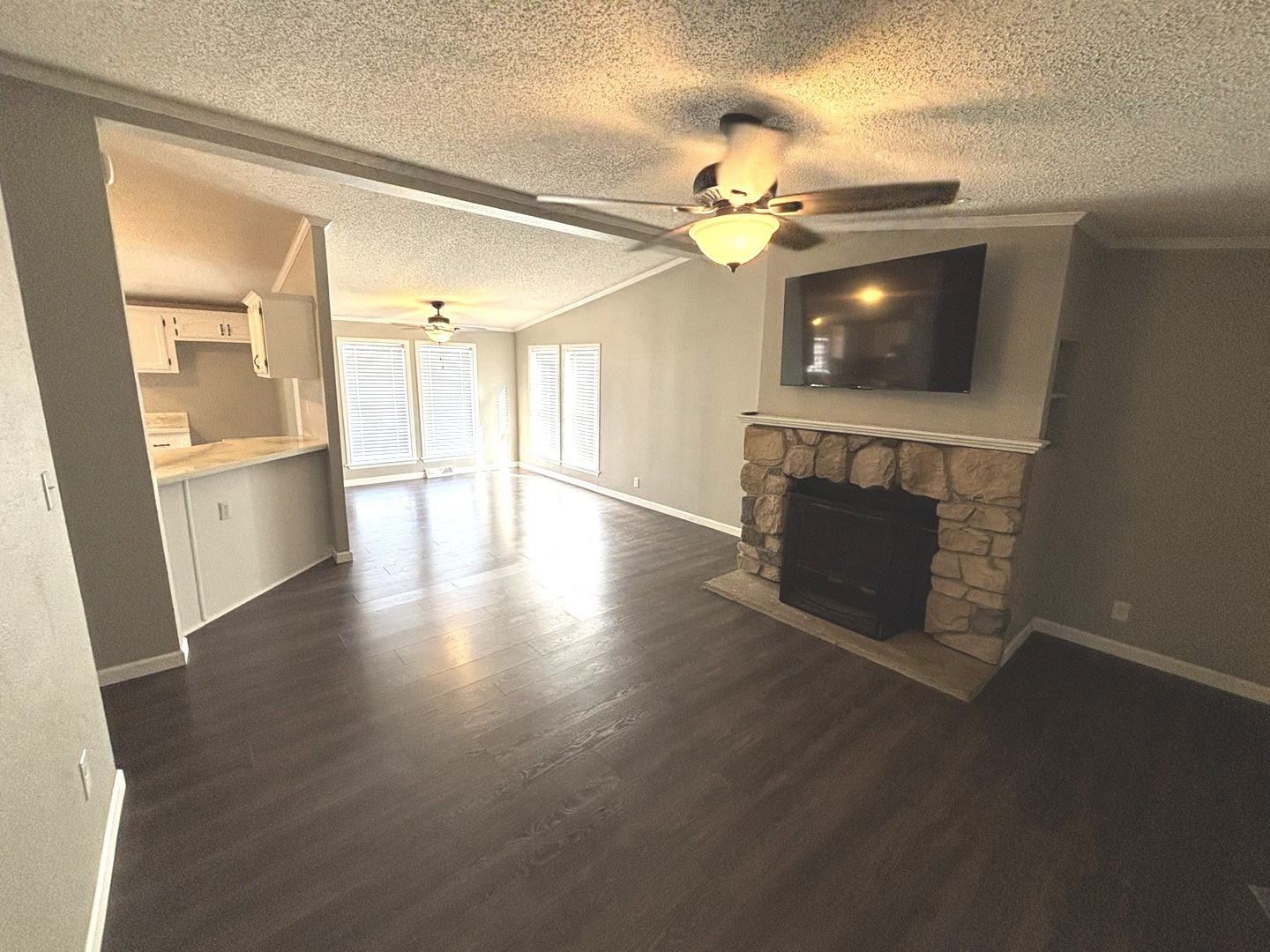 4120 Bannister Road Salem, IL 62881 - Photo 10 of 20 a view of a livingroom with a fireplace a ceiling fan and wooden floor
