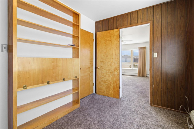 217 East 400 South Spring City, UT 84662 - Photo 19 of 71 Empty room featuring carpet floors, wood walls, built in shelves, and a baseboard radiator