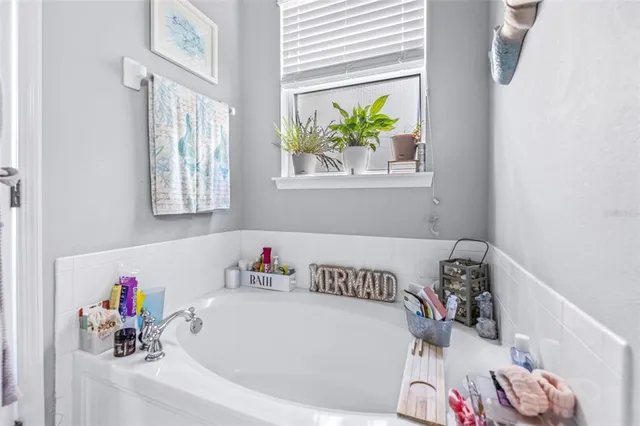 a bathroom with a bathtub and a window