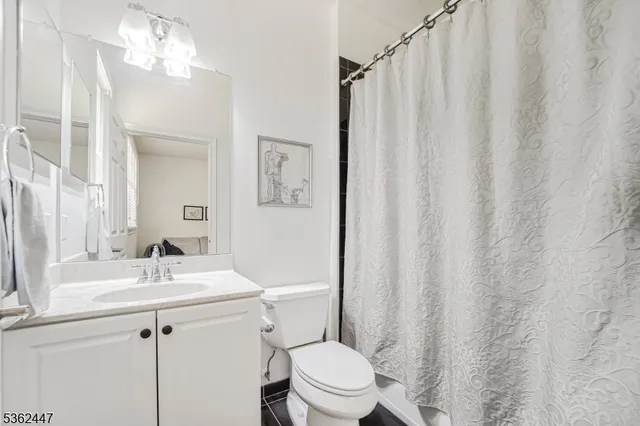 a bathroom with a sink a toilet a mirror and shower curtain