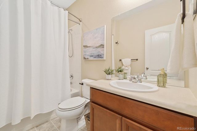 a bathroom with a sink a toilet and shower curtain
