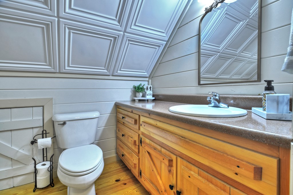 270 Stone Lane Blue Ridge, GA 30513 - Photo 44 of 70 a bathroom with a granite countertop toilet sink and mirror