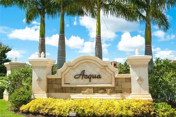 a view of a water fountain with palm trees