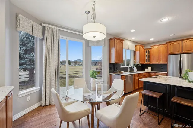 a view of a dining room with furniture window and wooden floor