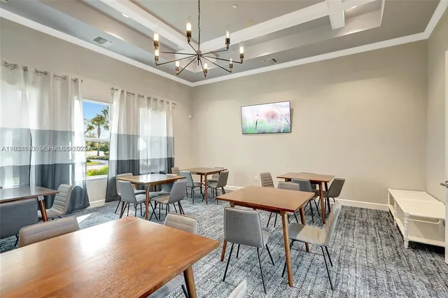 a view of a dining room with furniture window and outside view