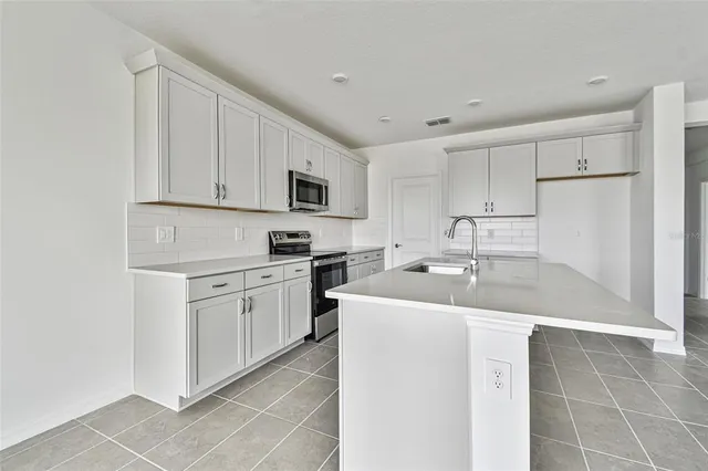 a kitchen with appliances a sink a counter top space and cabinets