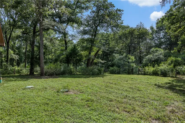 a view of a green field with trees in the background