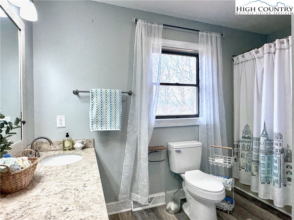 223 Timberlake Sparta, NC 28675 - Photo 32 of 50 a bathroom with a granite countertop sink toilet and shower