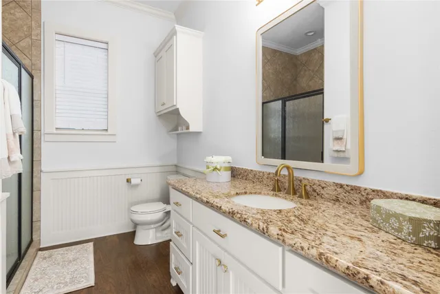 a bathroom with a granite countertop sink toilet and mirror