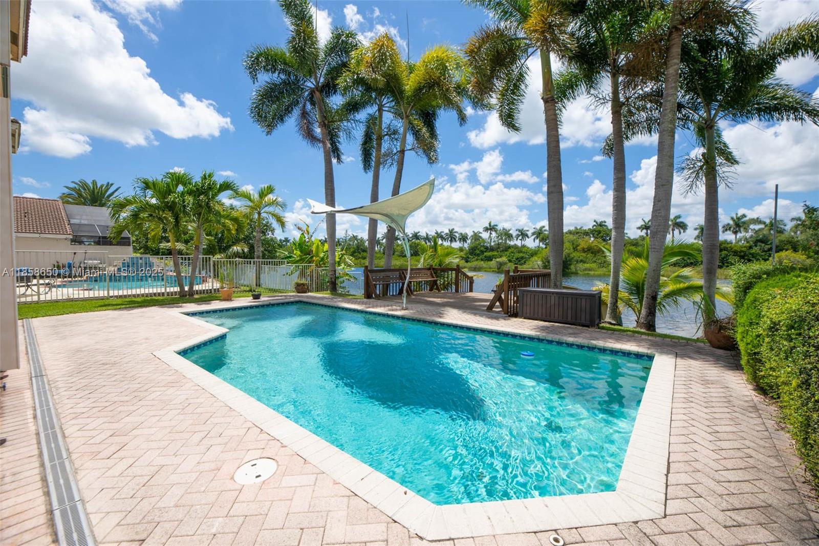 18196 Southwest 29th Street Miramar, FL 33029 - Photo 46 of 54 a view of a swimming pool with a lawn chairs under palm trees