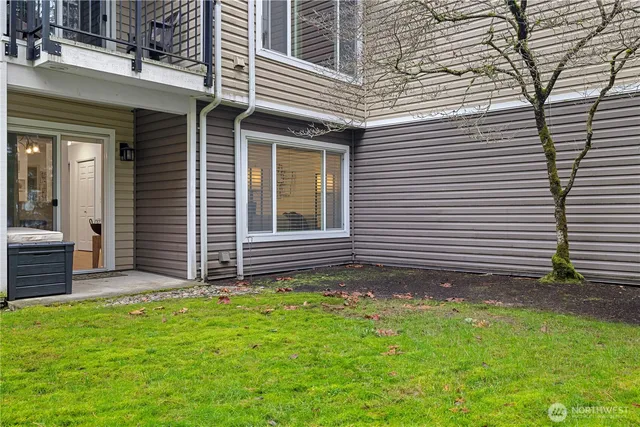 a view of a backyard with plants and large tree